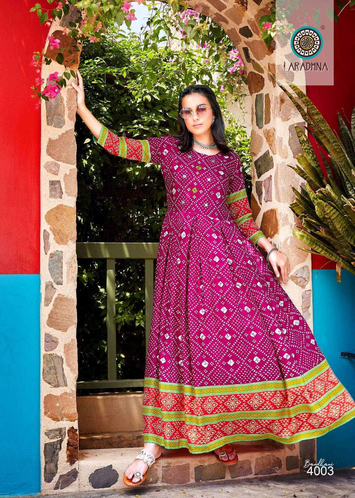 BANDHANI VOL 4 RAYON BANDHANI PRINT EMBROIDERY WORK LIVA TAG LONG GOWN KURTI BY ARADHNA BRAND 4003